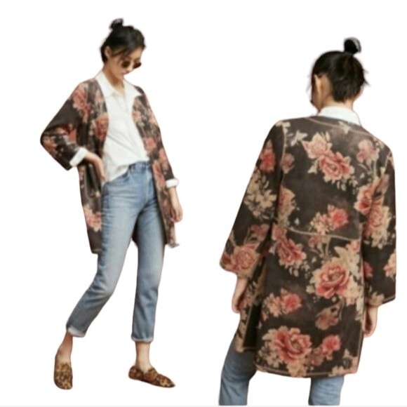 Solitaire S Floral Duster Cardigan Open Front Vegan Suede Faux Charcoal Grey - Picture 1 of 12